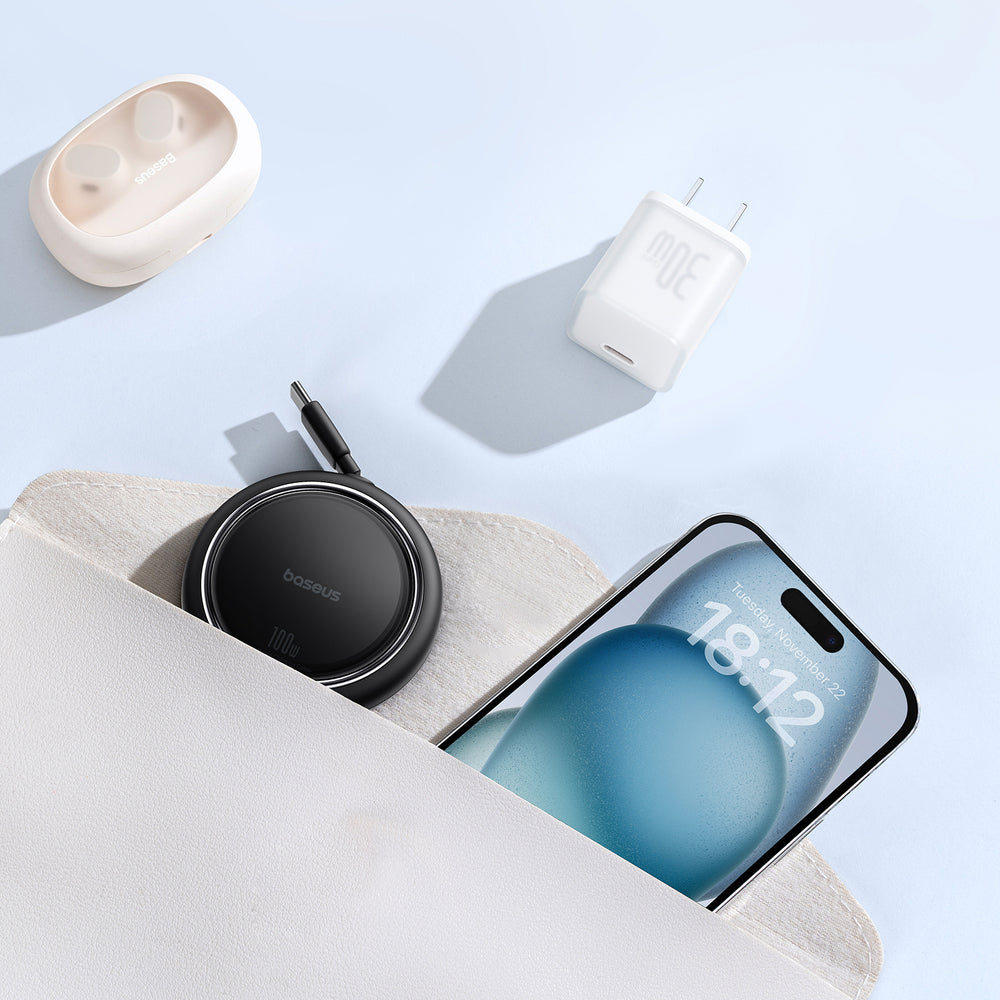 Baseus Free2Draw Mini USB-C - USB-C 100W 1m indtrækbar kabel - sort