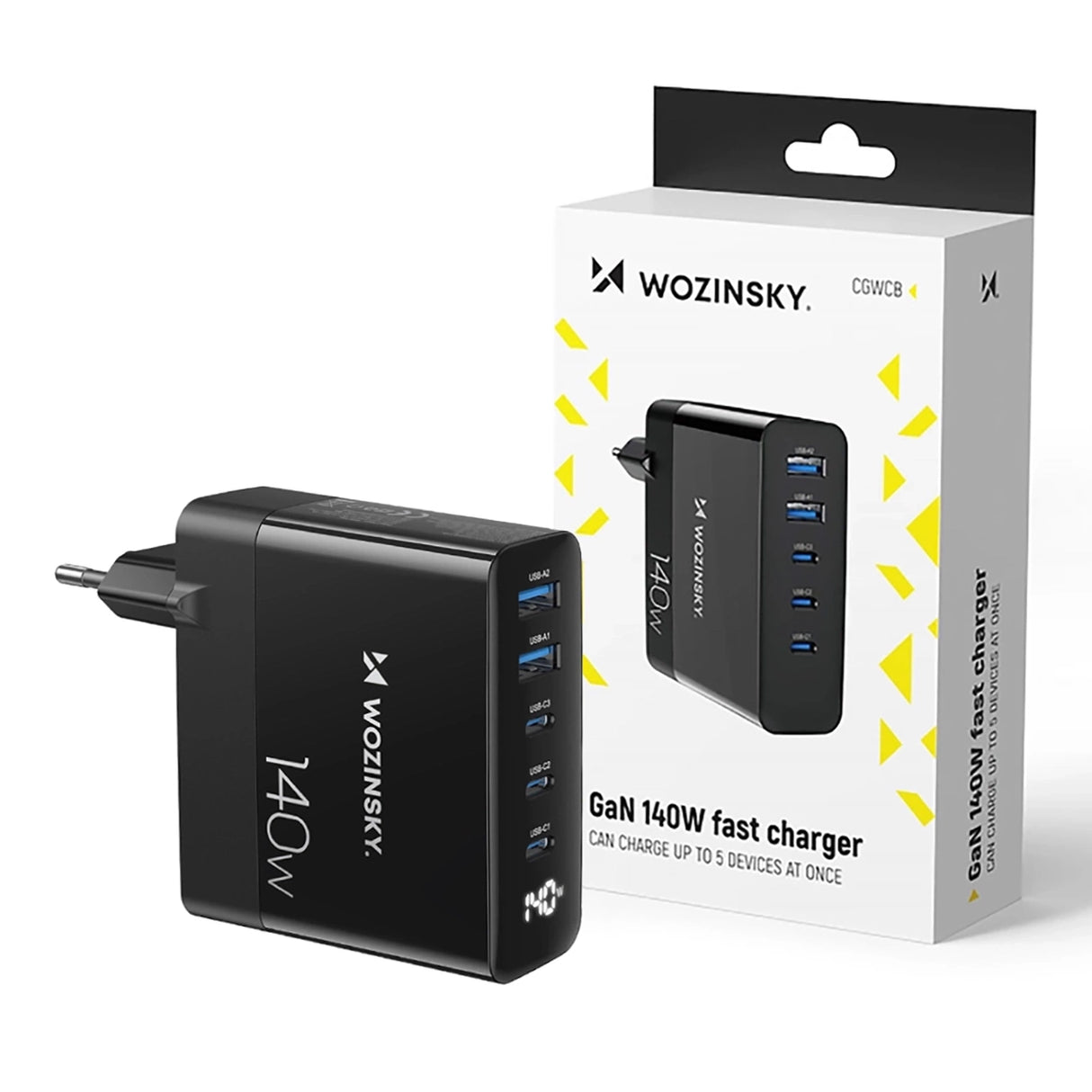 Wozinsky CGWCB 140W GaN vægoplader 3 x USB-C / 2 x USB-A - sort