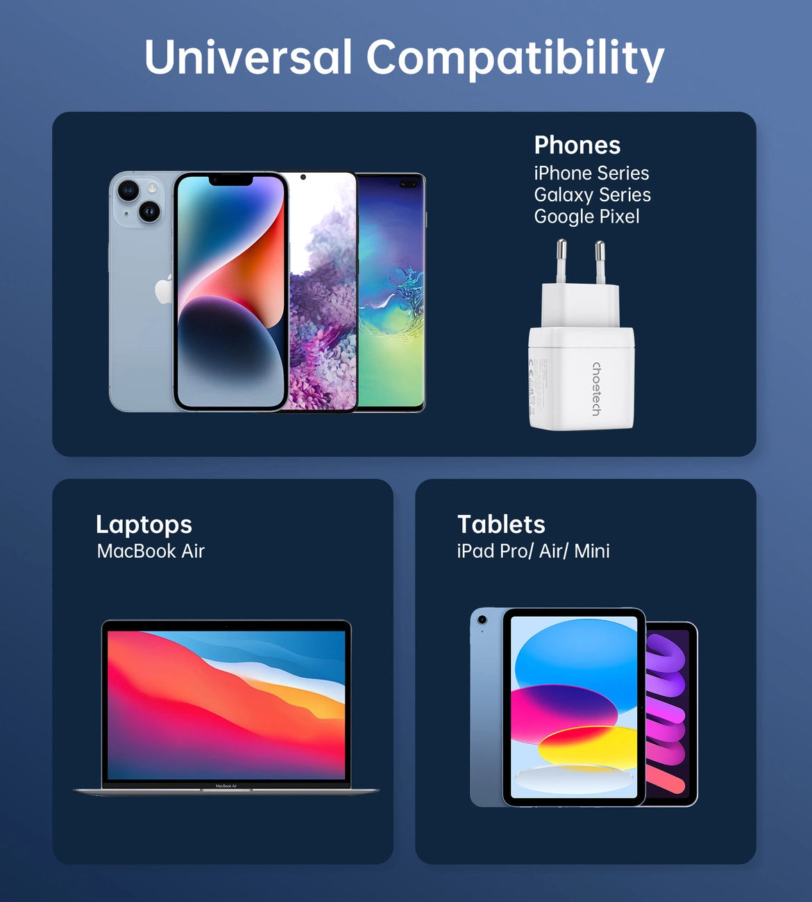 Choetech PD6052 USB-C USB-A PD 35W GaN vægoplader med display - hvid