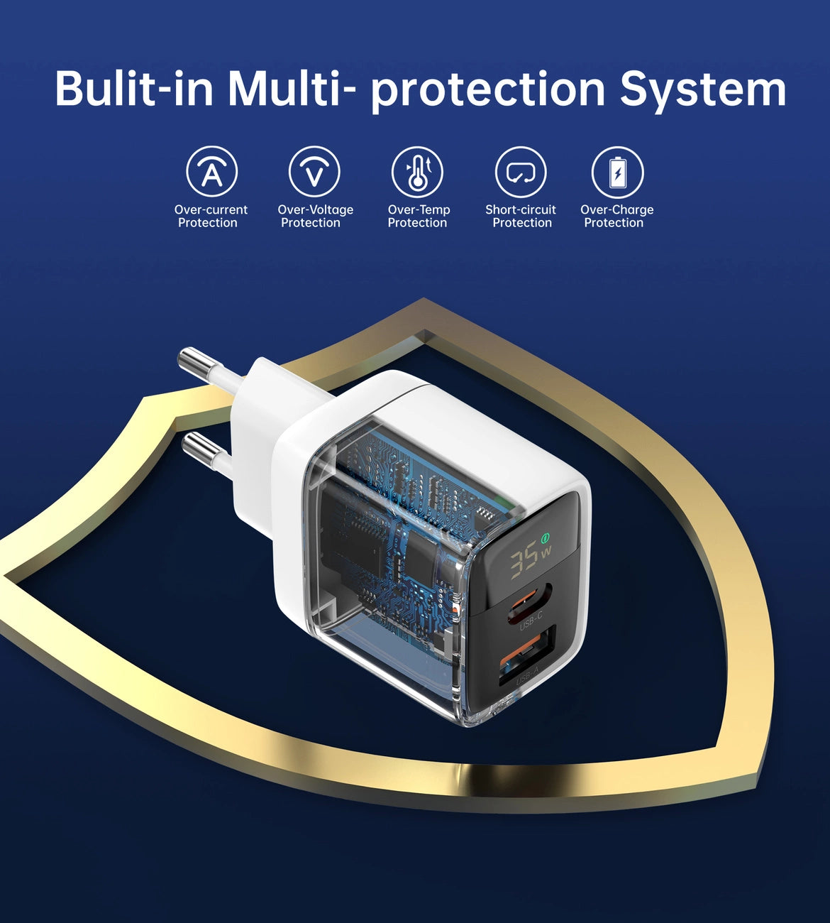 Choetech PD6052 USB-C USB-A PD 35W GaN vægoplader med display - hvid