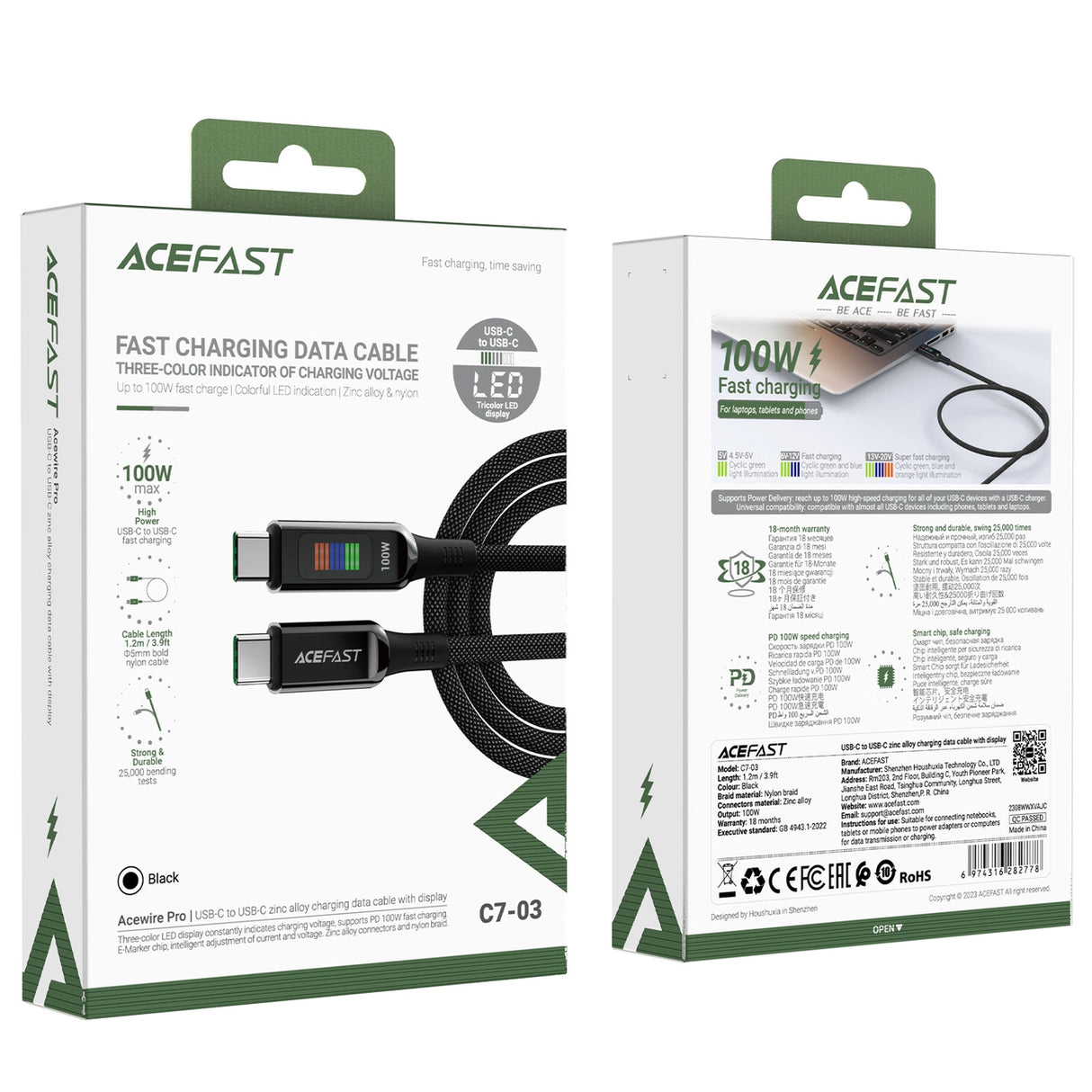 Acefast C7-03 USB-C USB-C 100W 1,2m kabel med skærm - sort