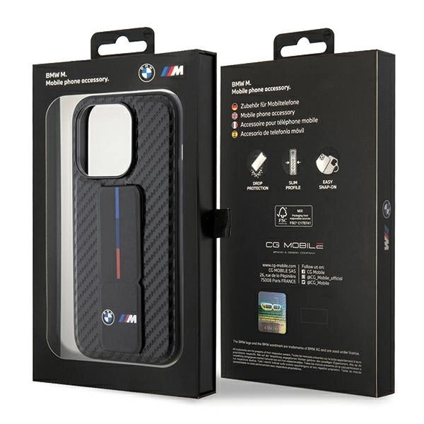 BMW Grip Stand Smooth & Carbon Case til iPhone 15 Pro - sort