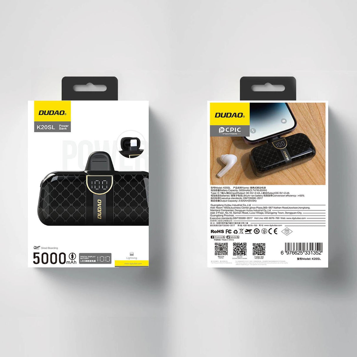 Dudao K20SL 5000mAh mini powerbank med Lightning / USB-C-stik - sort