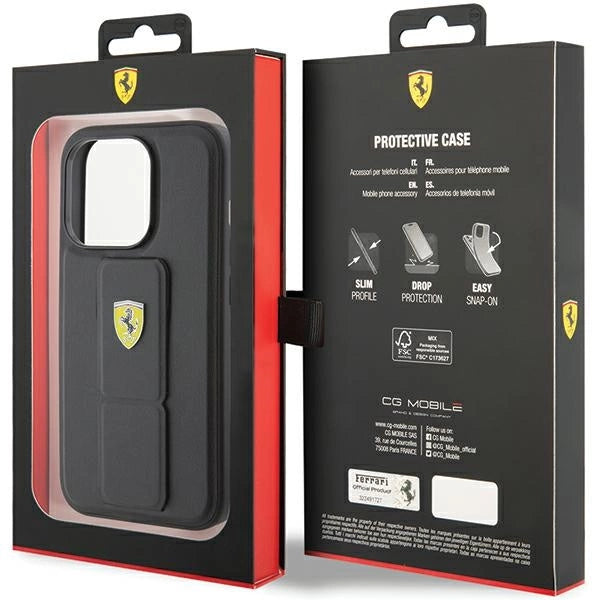 Ferrari Grip Stand Metal Logo-kasse til iPhone 15 Pro - sort