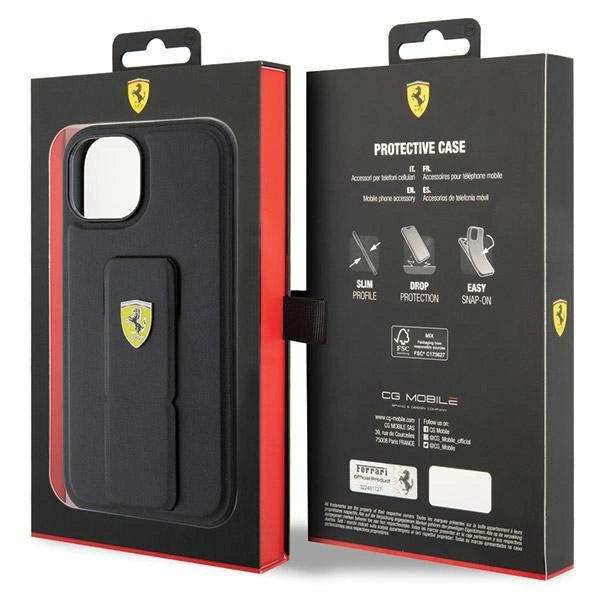 Ferrari Grip Stand Metal Logo-foder til iPhone 15 - sort