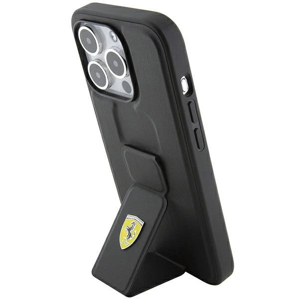 Ferrari Grip Stand Metal Logo-kasse til iPhone 15 Pro Max - sort