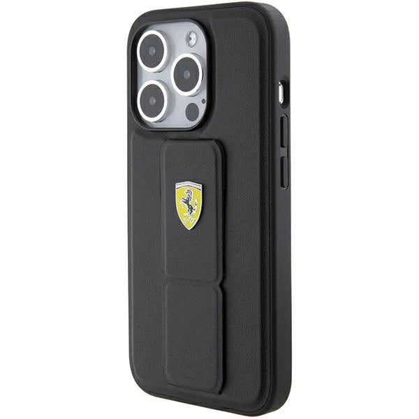 Ferrari Grip Stand Metal Logo-kasse til iPhone 15 Pro Max - sort