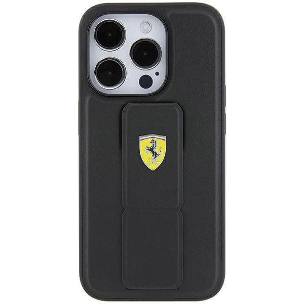 Ferrari Grip Stand Metal Logo-kasse til iPhone 15 Pro Max - sort
