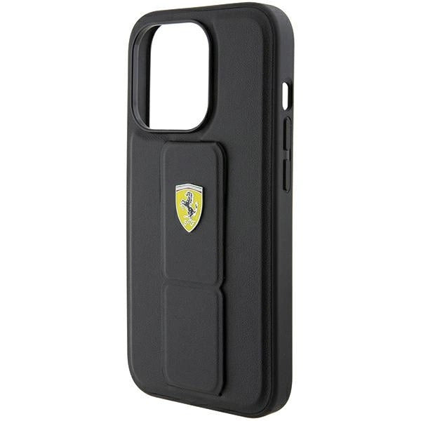 Ferrari Grip Stand Metal Logo-kasse til iPhone 15 Pro Max - sort
