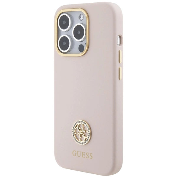 Guess Silicone Logo Strass 4G-hylster til iPhone 15 Pro - lyserød