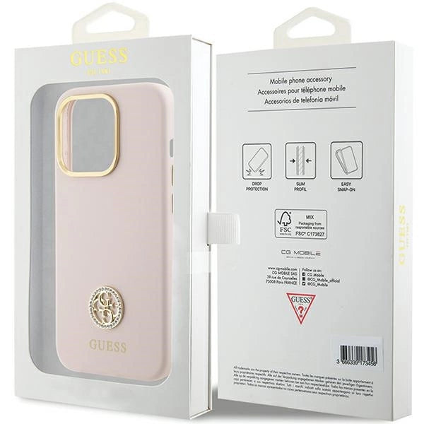 Guess Silicone Logo Strass 4G-hylster til iPhone 15 Pro - lyserød