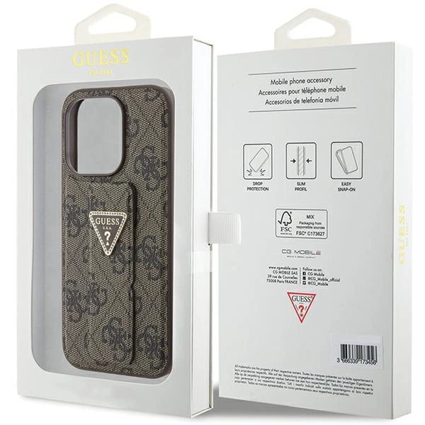 Guess Grip Stand 4G Triangle Strass case til iPhone 15 Pro - brun
