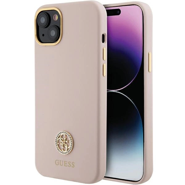 Guess Silicone Logo Strass 4G-hylster til iPhone 15 - lyserød