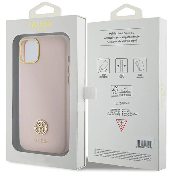 Guess Silicone Logo Strass 4G-hylster til iPhone 15 - lyserød