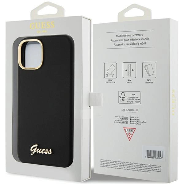 Guess Silicone Script Metal Logo & Frame Case til iPhone 15 - sort