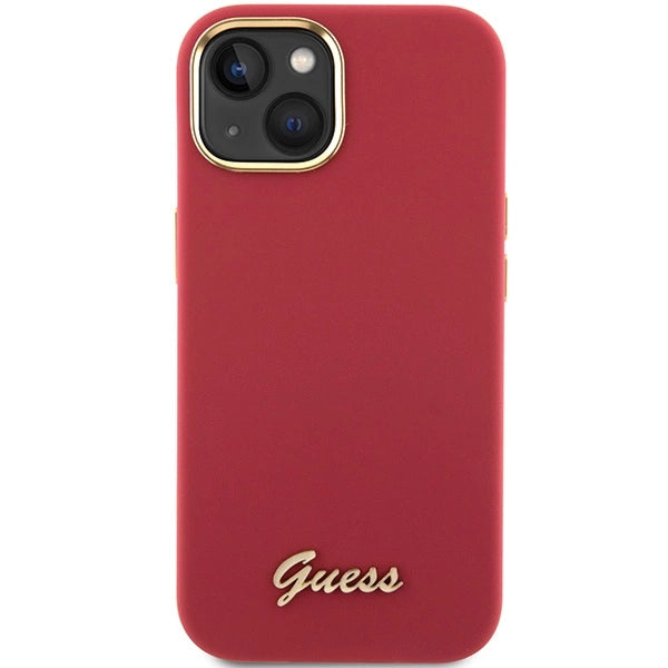 Guess Silicone Script Metal Logo & Frame Case til iPhone 15 - rød