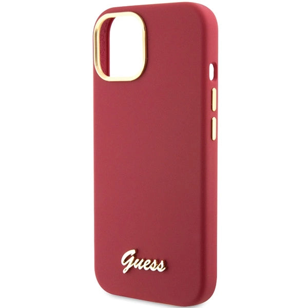 Guess Silicone Script Metal Logo & Frame Case til iPhone 15 - rød