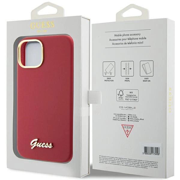 Guess Silicone Script Metal Logo & Frame Case til iPhone 15 - rød