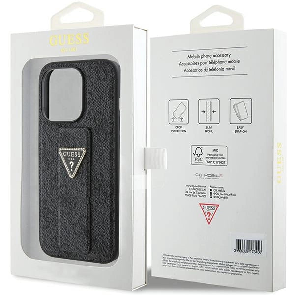 Guess Grip Stand 4G Triangle Strass fodtøj til iPhone 15 Pro Max - sort