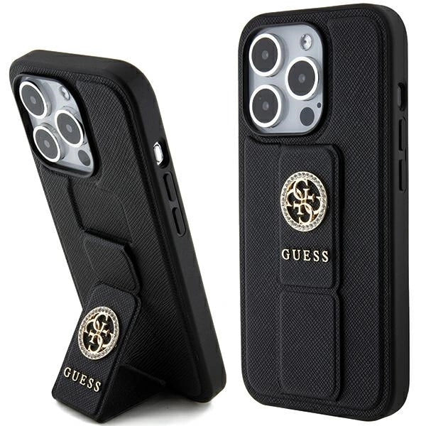Guess Grip Stand 4G Saffiano Strass fodtøj til iPhone 15 Pro Max - sort
