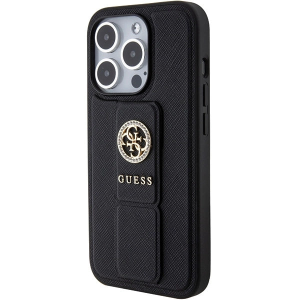 Guess Grip Stand 4G Saffiano Strass fodtøj til iPhone 15 Pro Max - sort