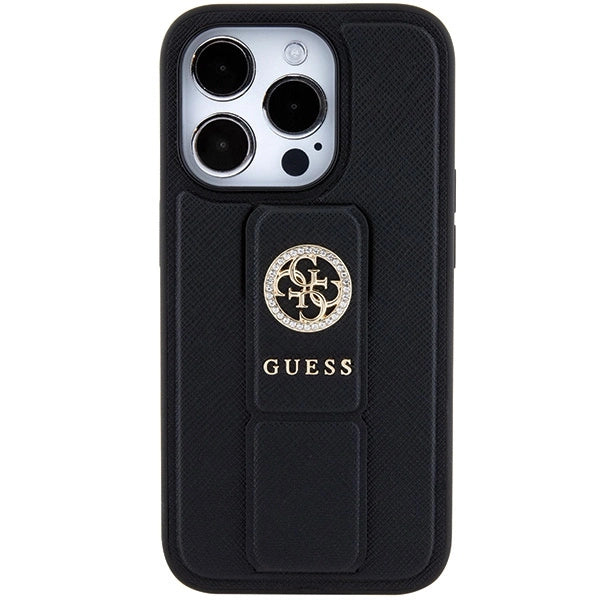 Guess Grip Stand 4G Saffiano Strass fodtøj til iPhone 15 Pro Max - sort