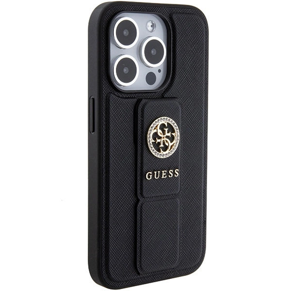 Guess Grip Stand 4G Saffiano Strass fodtøj til iPhone 15 Pro Max - sort