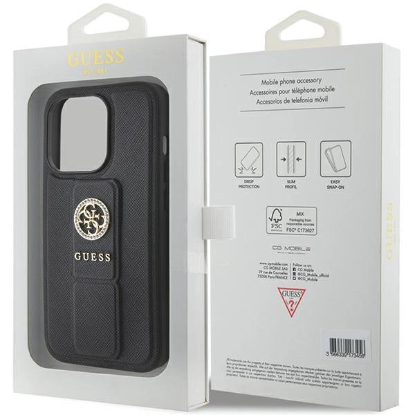 Guess Grip Stand 4G Saffiano Strass fodtøj til iPhone 15 Pro Max - sort