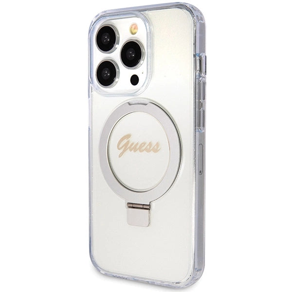 Guess Ring Stand Script Glitter MagSafe-hylster til iPhone 15 Pro - gennemsigtigt