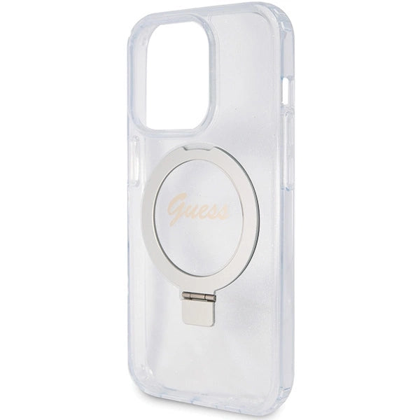 Guess Ring Stand Script Glitter MagSafe-hylster til iPhone 15 Pro - gennemsigtigt