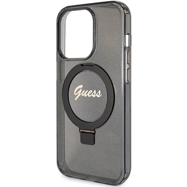 Guess Ring Stand Script Glitter MagSafe-hylster til iPhone 15 Pro - sort