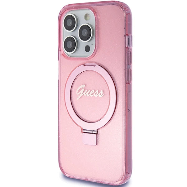 Guess Ring Stand Script Glitter MagSafe-hylster til iPhone 15 Pro - pink