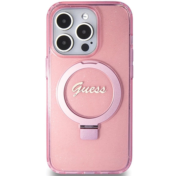 Guess Ring Stand Script Glitter MagSafe-hylster til iPhone 15 Pro - pink