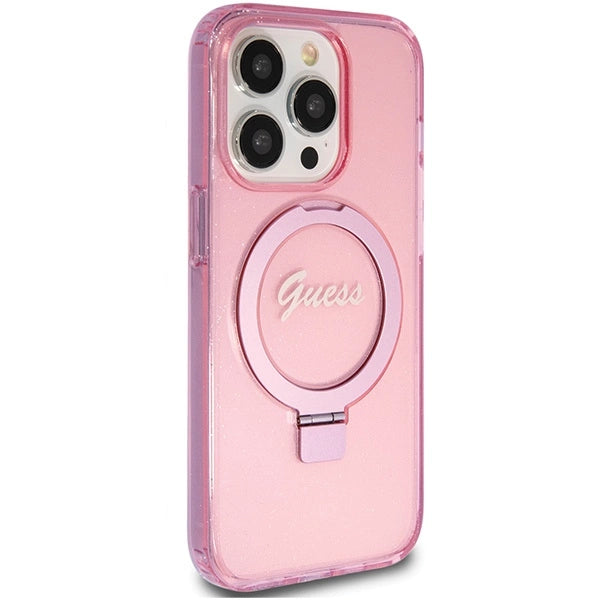 Guess Ring Stand Script Glitter MagSafe-hylster til iPhone 15 Pro - pink