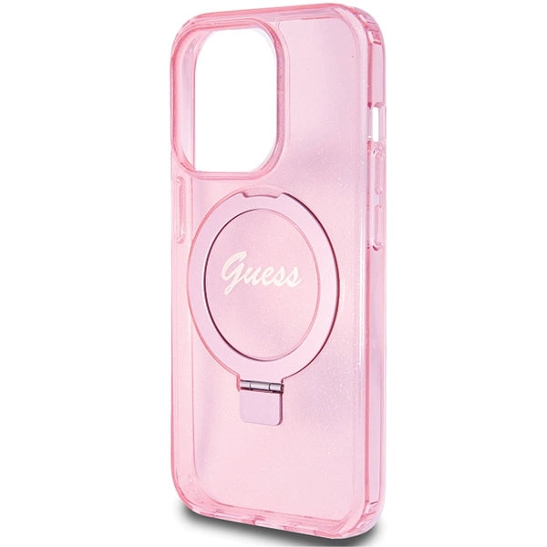 Guess Ring Stand Script Glitter MagSafe-hylster til iPhone 15 Pro - pink