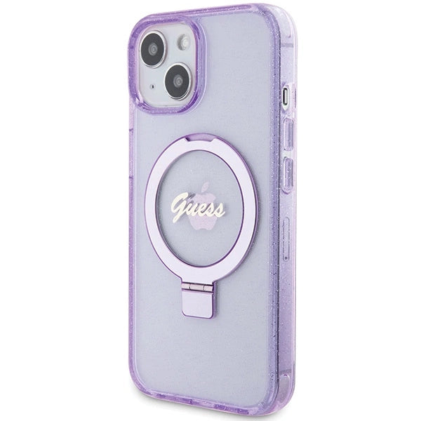 Guess Ring Stand Script Glitter MagSafe-hylster til iPhone 15 Plus / 14 Plus - lilla