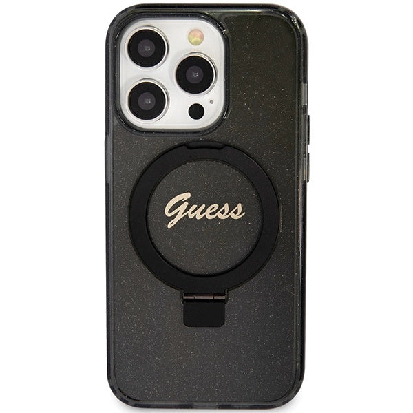 Guess Ring Stand Script Glitter MagSafe-hylster til iPhone 15 Pro Max - sort