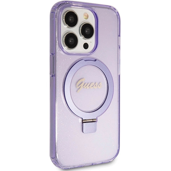 Guess Ring Stand Script Glitter MagSafe-hylster til iPhone 15 Pro Max - lilla