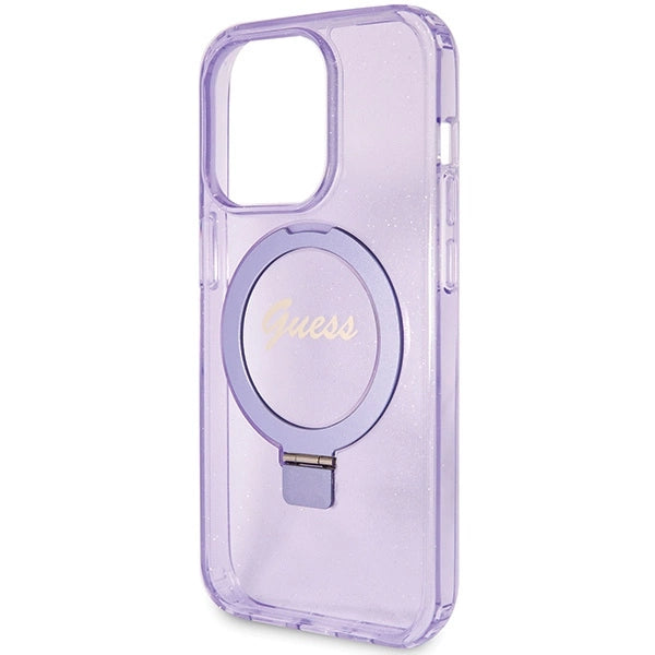 Guess Ring Stand Script Glitter MagSafe-hylster til iPhone 15 Pro Max - lilla