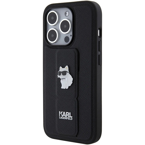 Karl Lagerfeld Gripstand Saffiano Choupette Pins case for iPhone 15 Pro Max - black