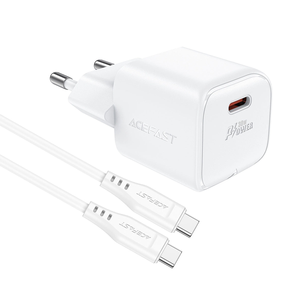 Acefast A77 Mini PD 30W GaN vægoplader + USB-C kabel - hvid