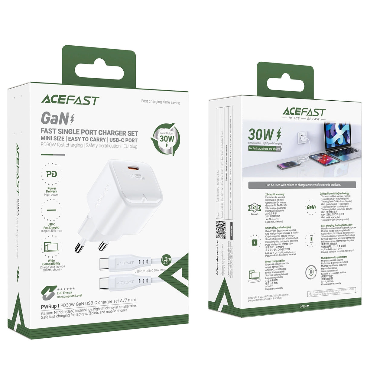 Acefast A77 Mini PD 30W GaN vægoplader + USB-C kabel - hvid
