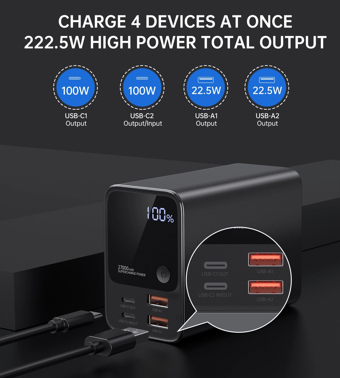 Choetech B635BK USB-A / USB-C Powerbank 22.5W 27000mAh - sort