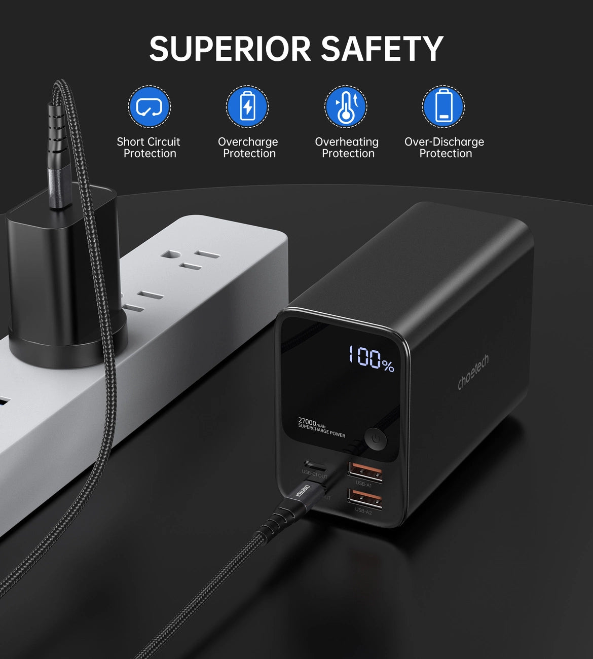 Choetech B635BK USB-A / USB-C Powerbank 22.5W 27000mAh - sort