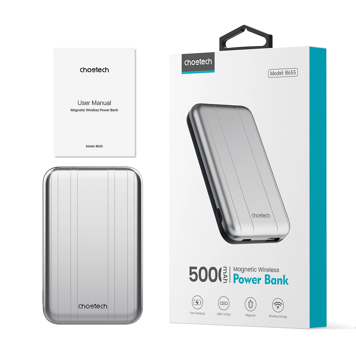 Choetech B655 mini trådløs magnetisk powerbank 5000mAh - sølv