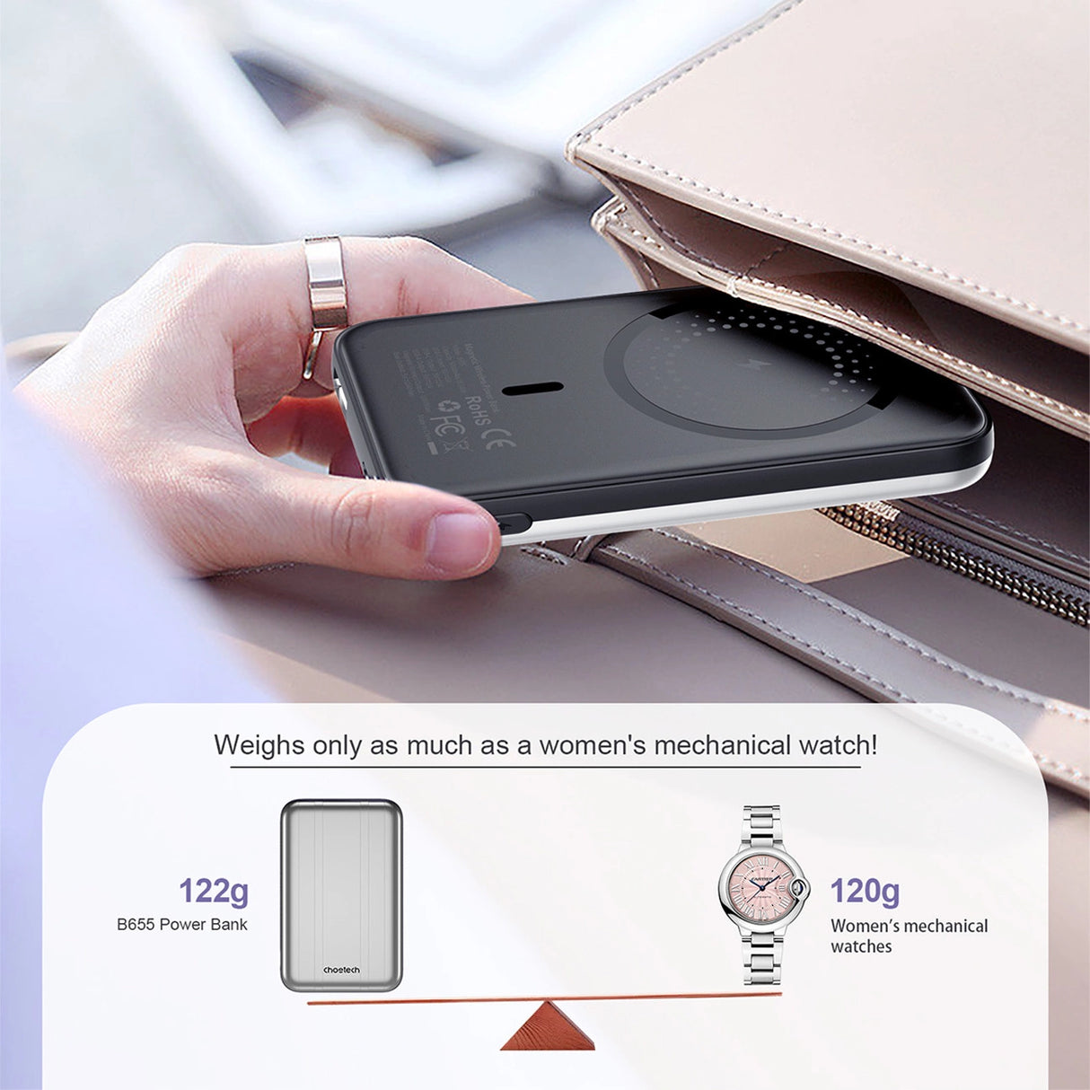 Choetech B655 mini trådløs magnetisk powerbank 5000mAh - sølv