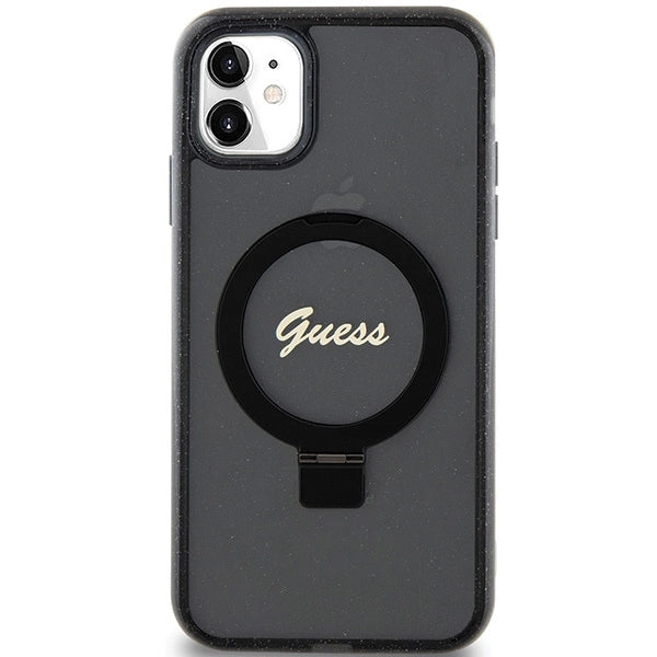 Guess Ring Stand Script Glitter MagSafe-hylster til iPhone 11 / Xr - sort