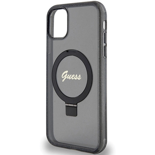Guess Ring Stand Script Glitter MagSafe-hylster til iPhone 11 / Xr - sort
