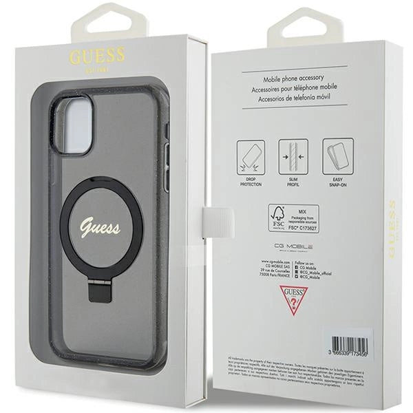 Guess Ring Stand Script Glitter MagSafe-hylster til iPhone 11 / Xr - sort