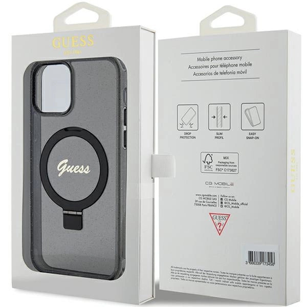 Guess Ring Stand Script Glitter MagSafe-hylster til iPhone 12/12 Pro - sort
